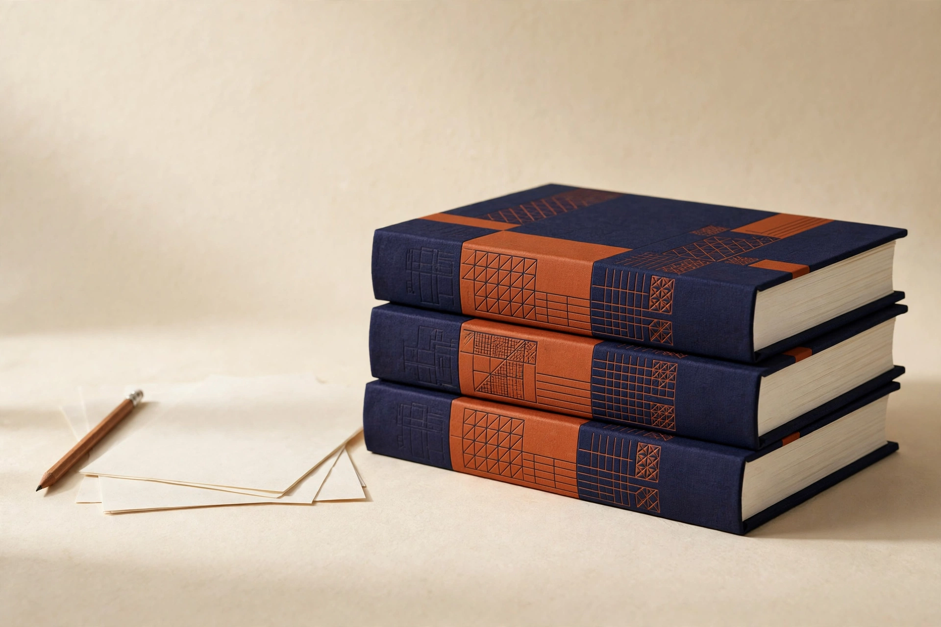 A stack of navy and burnt orange practical workbooks beside a pencil and worksheet pages